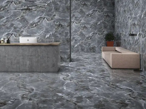 Soggiorno con pavimento e parete in gres effetto marmo grigio, piastrelle in offerta